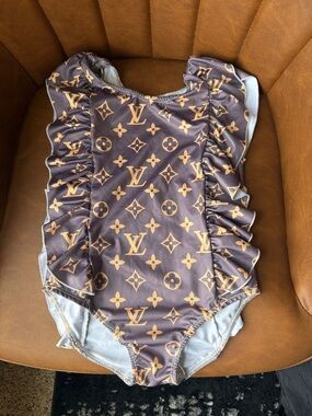 Louis Vuitton Brown & Gold Monogram Ruffle Kids Swimsuit